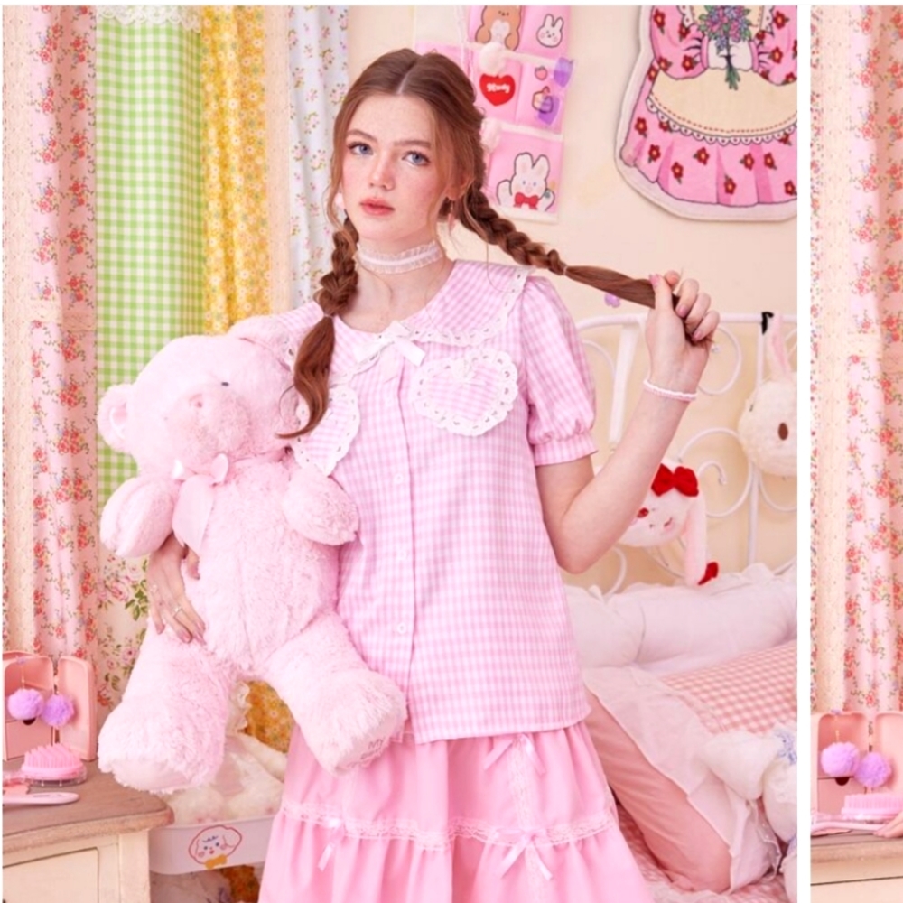 Pink gingham cottagcore lolita blouse